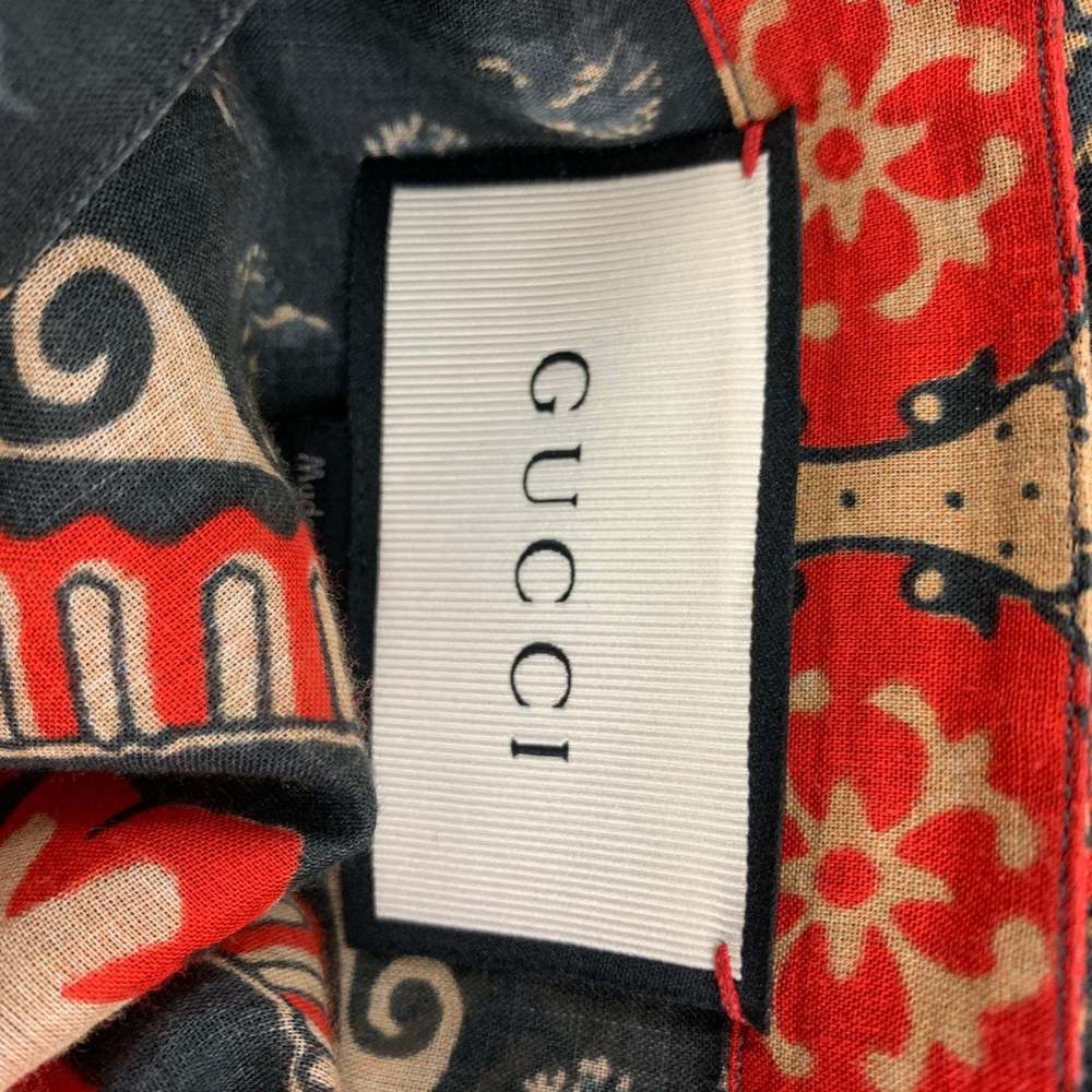 GUCCI Gray Red Khaki Print Cotton Nehru Collar Long Sleeve Shirt - Picture 8 of 8